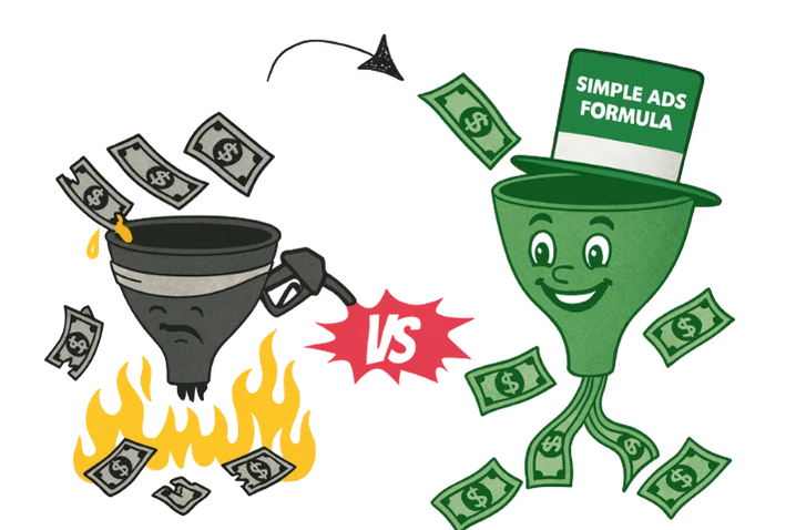 Traditional funnel burning money vs Simple Ads Formula making money