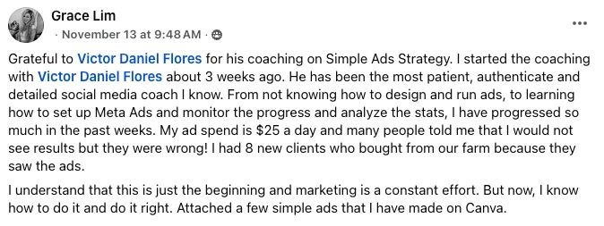 Grace Lim testimonial about Simple Ads Strategy coaching